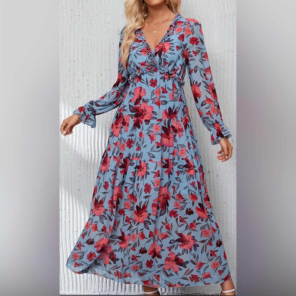 Women's Boho Floral Frill Ruffle
Flounce Sleeve Dress